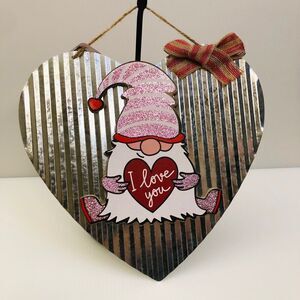 Valentine's Day Rustic Farmhouse Galvanized Metal Heart & Gnome Sign